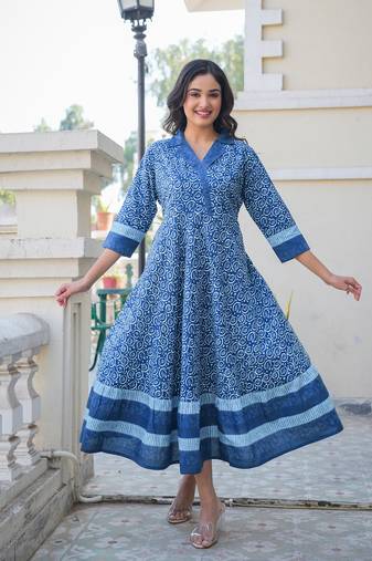 Yash gallery women's blue cotton floral printed anarkali dress (blue)