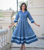 Yash gallery women's blue cotton floral printed anarkali dress (blue)