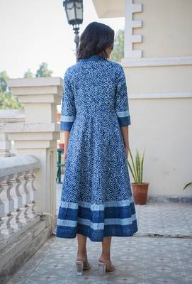  women's blue cotton floral printed anarkali dress (blue) 2