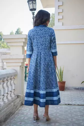  women's blue cotton floral printed anarkali dress (blue)