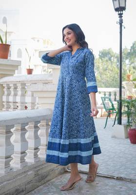  women's blue cotton floral printed anarkali dress (blue) 3