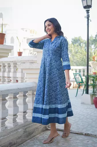  women's blue cotton floral printed anarkali dress (blue)