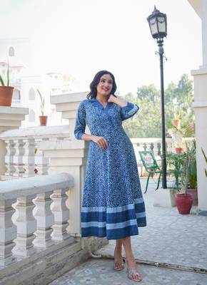  women's blue cotton floral printed anarkali dress (blue) 4