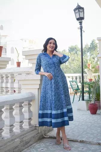  women's blue cotton floral printed anarkali dress (blue)