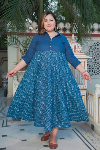 Yash gallery women's plus size blue cotton geomatrical printed anarkali dress(blue)