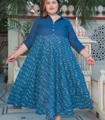 Yash gallery women's plus size blue cotton geomatrical printed anarkali dress(blue)