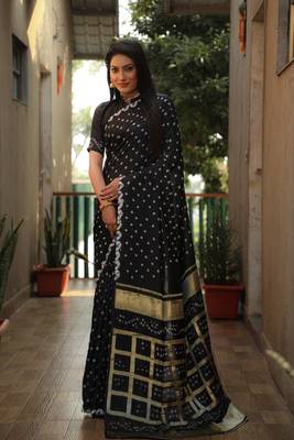 Women Black Bandhej Silk And Bandhni Zari Weaving With Rich Pallu Saree With Blouse For Women 5