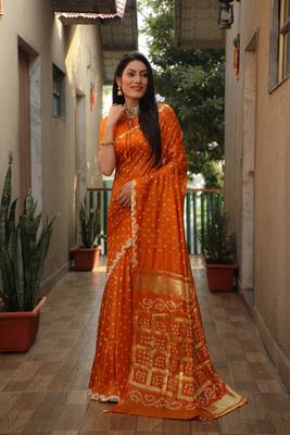 Women Orange Bandhej Silk And Bandhni Zari Weaving With Rich Pallu Saree With Blouse For Women 1