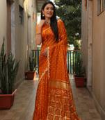 Women Orange Bandhej Silk And Bandhni Zari Weaving With Rich Pallu Saree With Blouse For Women