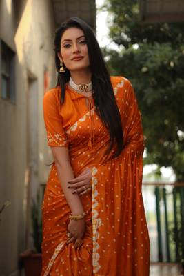 Women Orange Bandhej Silk And Bandhni Zari Weaving With Rich Pallu Saree With Blouse For Women 2