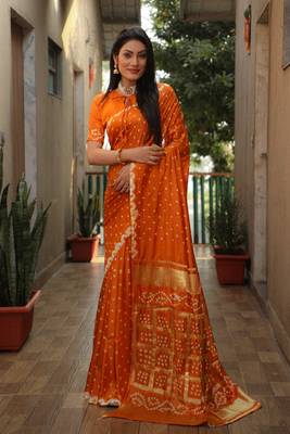 Women Orange Bandhej Silk And Bandhni Zari Weaving With Rich Pallu Saree With Blouse For Women 3
