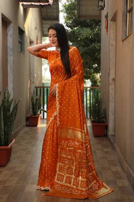 Women Orange Bandhej Silk And Bandhni Zari Weaving With Rich Pallu Saree With Blouse For Women 5