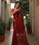 Women Red Bandhej Silk And Bandhni Zari Weaving With Rich Pallu Saree With Blouse For Women