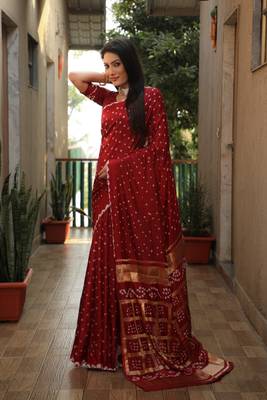 Women Red Bandhej Silk And Bandhni Zari Weaving With Rich Pallu Saree With Blouse For Women 3