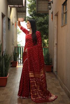 Women Red Bandhej Silk And Bandhni Zari Weaving With Rich Pallu Saree With Blouse For Women 5