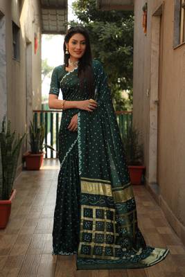 Women Green Bandhej Silk And Bandhni Zari Weaving With Rich Pallu Saree With Blouse For Women 1
