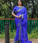 Women Blue Bandhej Tapeta Silk And Bandhni Type Zari Weaving With Rich Pallu Saree With Blouse For Women