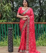 Women Red Bandhej Tapeta Silk And Bandhni Type Zari Weaving With Rich Pallu Saree With Blouse For Women