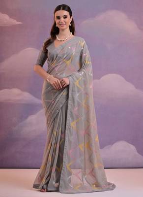 Grey Heavy Georgette Sequence Work Saree 1