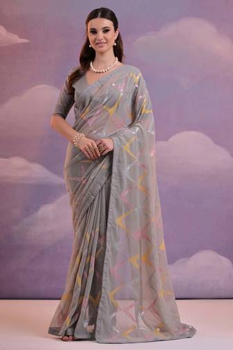 Grey Heavy Georgette Sequence Work Saree