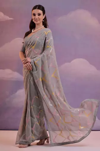 Grey Heavy Georgette Sequence Work Saree