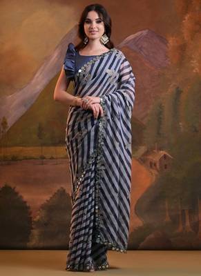 Blue Georgette Leriya Print Designer Saree 1