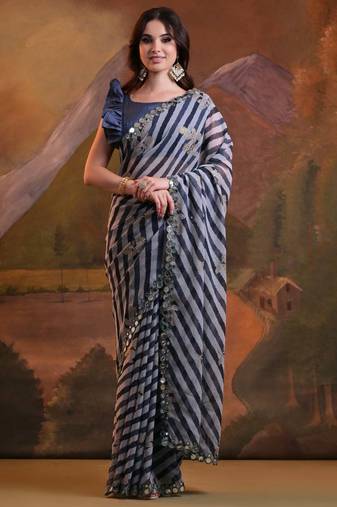 Blue Georgette Leriya Print Designer Saree