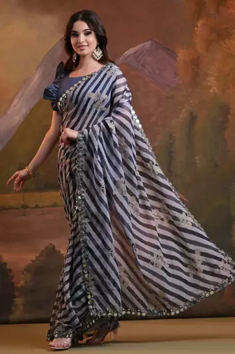 Blue Georgette Leriya Print Designer Saree