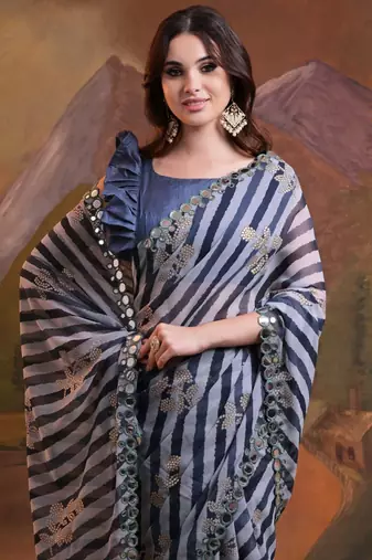 Blue Georgette Leriya Print Designer Saree