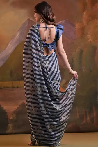 Blue Georgette Leriya Print Designer Saree