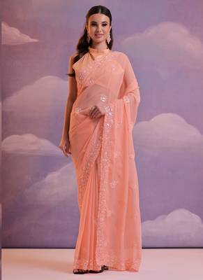 Light Peach Grey Soft Georgette Sequence Work Saree 1