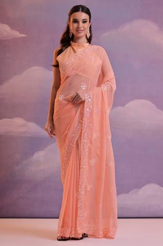 Light Peach Grey Soft Georgette Sequence Work Saree