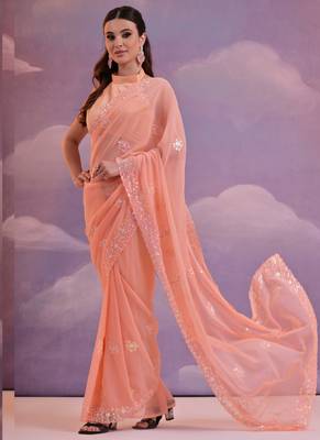 Light Peach Grey Soft Georgette Sequence Work Saree 3