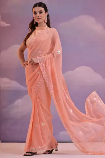 Light Peach Grey Soft Georgette Sequence Work Saree