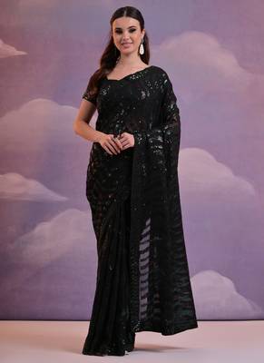 Black Soft Georgette Leriya Sequence Work Saree 1