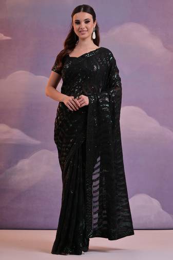 Black Soft Georgette Leriya Sequence Work Saree