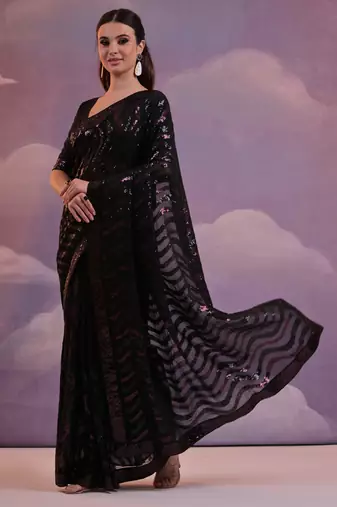 Black Soft Georgette Leriya Sequence Work Saree