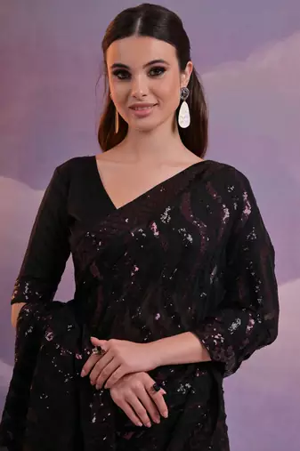 Black Soft Georgette Leriya Sequence Work Saree