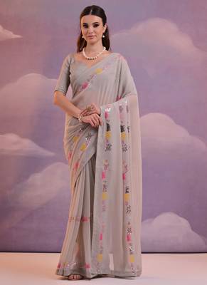 Beige Soft Georgette Sequence Work Saree 1