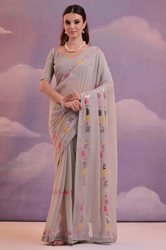 Beige Soft Georgette Sequence Work Saree
