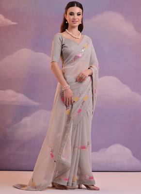 Beige Soft Georgette Sequence Work Saree 3