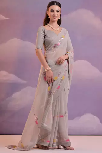 Beige Soft Georgette Sequence Work Saree