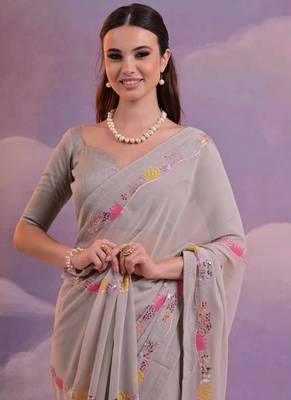 Beige Soft Georgette Sequence Work Saree 4
