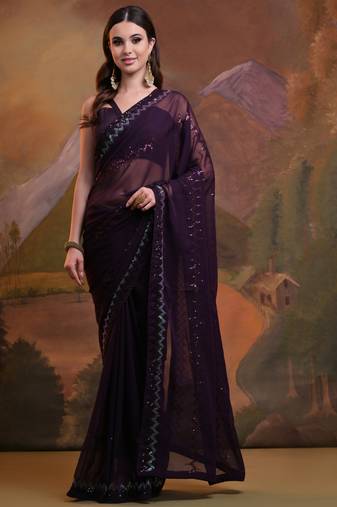 Wine Soft Georgette Sequence Work Saree