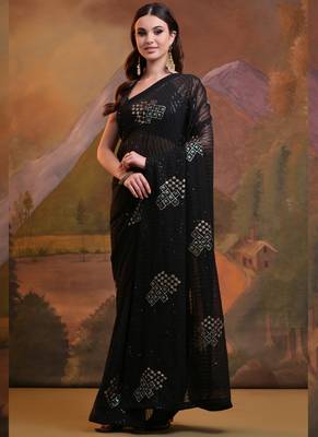 Black Soft Georgette Sequence Work Saree 1