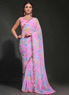 Light Pink Georgette Prizam Print Mirror Work Saree 1