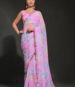 Light Pink Georgette Prizam Print Mirror Work Saree