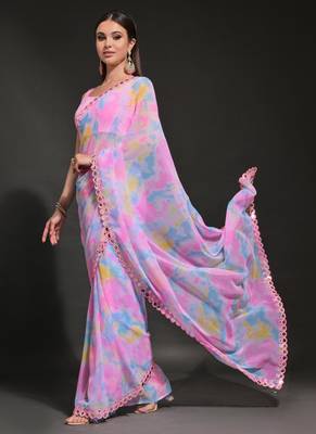 Light Pink Georgette Prizam Print Mirror Work Saree 3