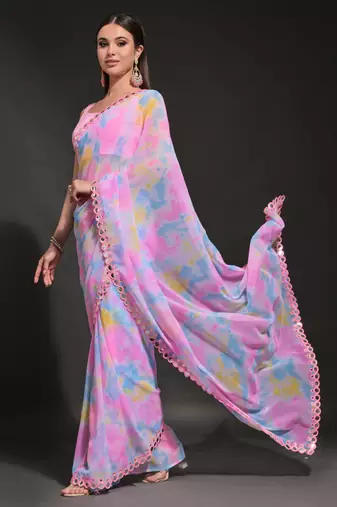 Light Pink Georgette Prizam Print Mirror Work Saree