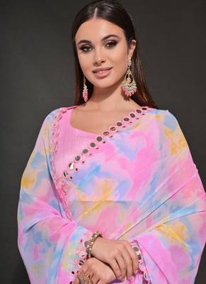 Light Pink Georgette Prizam Print Mirror Work Saree 4